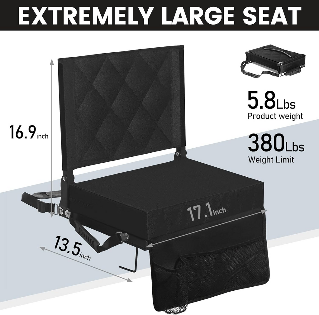 Folding Stadium Seat with Angled Back Support and Adjustable Shoulder Strap for Bleachers