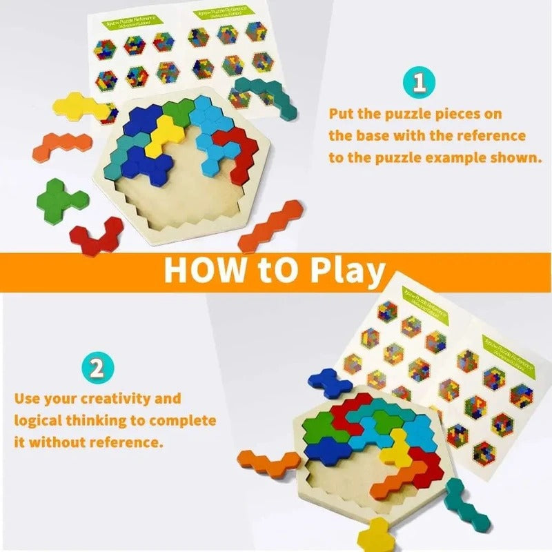 3D Hexagonal Wooden Puzzles Educational Brain Teaser Game for Children