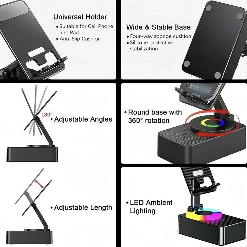 Foldable Phone Stand with Wireless Speaker and 1500mAh Power Bank, Color LED  Base
