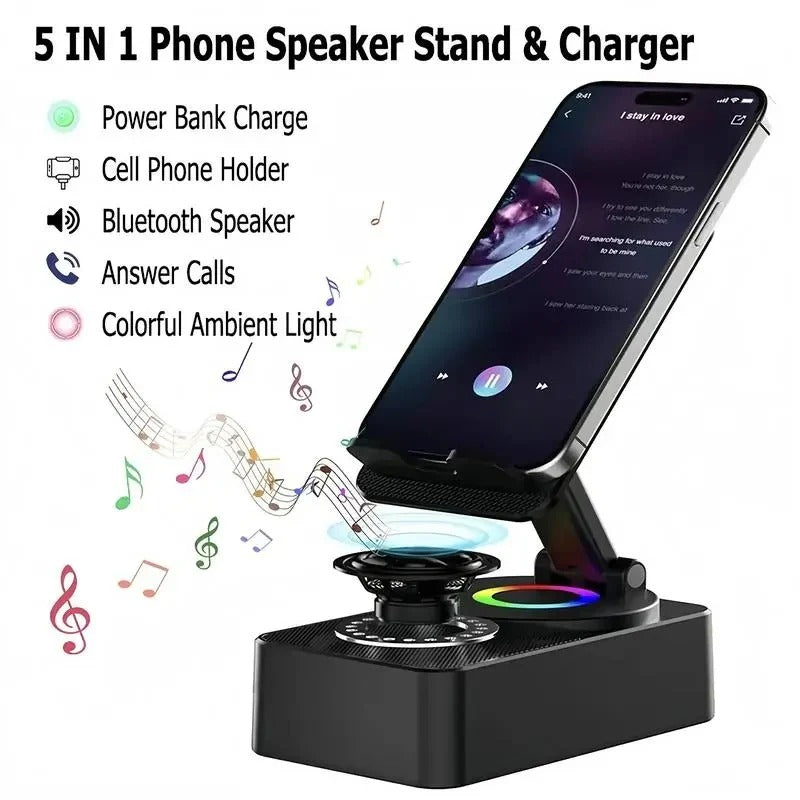 Foldable Phone Stand with Wireless Speaker and 1500mAh Power Bank, Color LED  Base