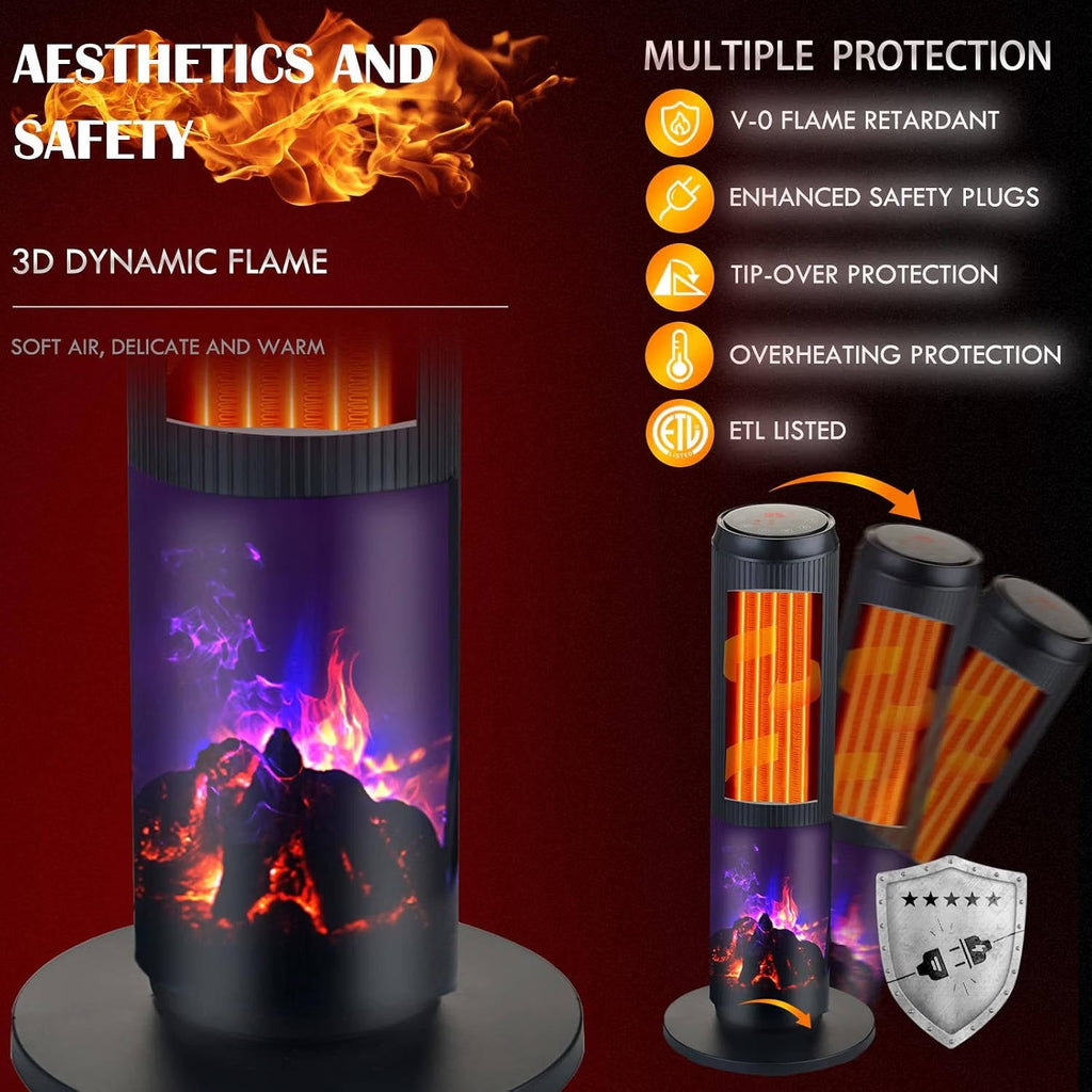 27 inches Ceramic Tower Space Heater, Electric Heater for Large Rooms with 3D Flame, Oscillation and Remote Control