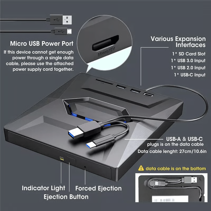 External Optical Drive with SD Card Slot and USB Hub for PC Mac  Laptops