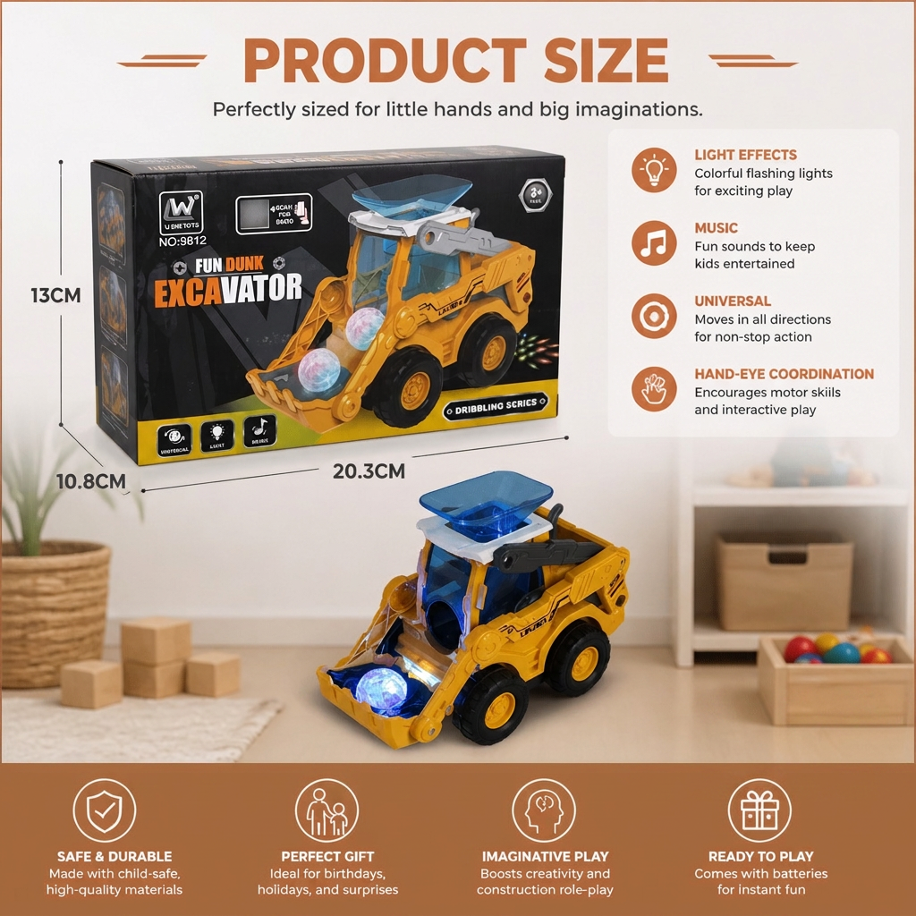 Construction Bulldozer Toy with Light Effects and Ball Launcher for Kids
