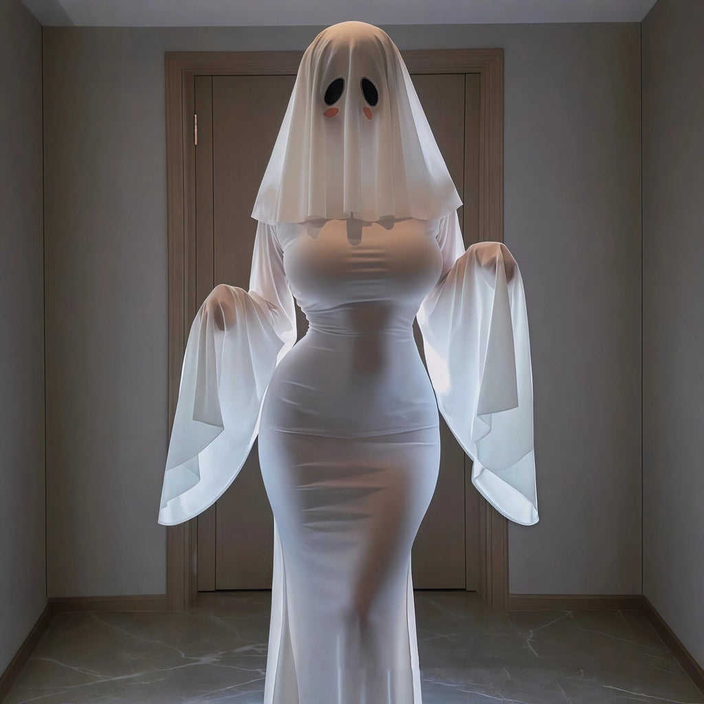 Ghost Bride Cosplay Costume with Floor Length Dress and Head Veil