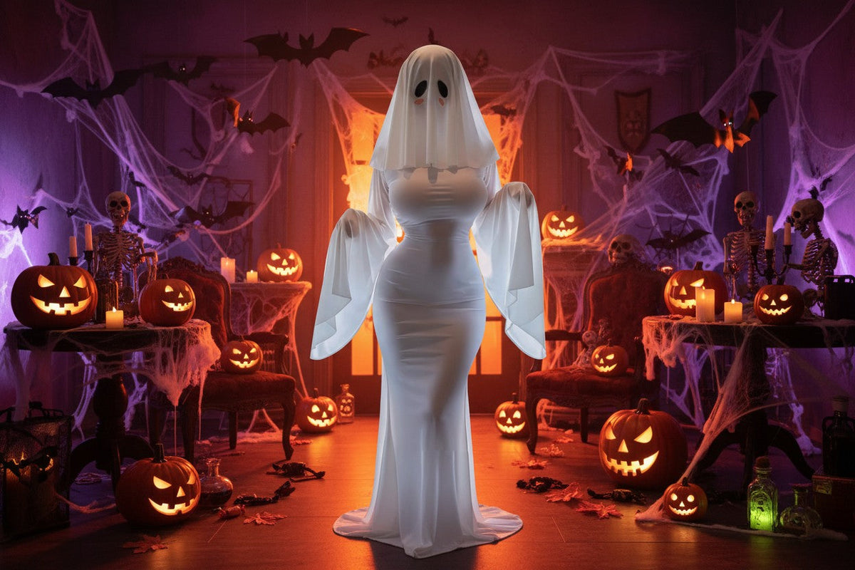 Ghost Bride Cosplay Costume with Floor Length Dress and Head Veil
