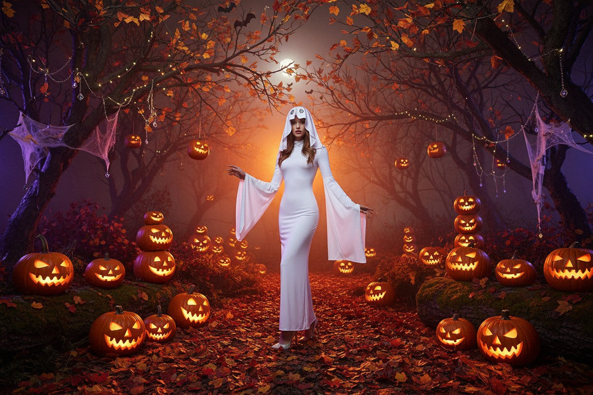 Ghost Bride Cosplay Costume with Floor Length Dress and Head Veil