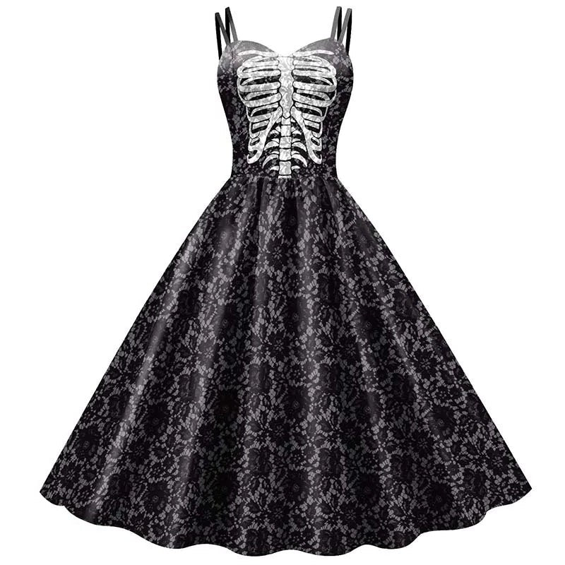 Gothic Graphic Print Fit and Flare Dress with Strappy Neckline