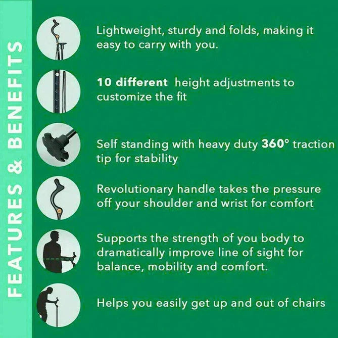 Adjustable Walking Stick with Ergonomic Grip and 360-Degree Tip, 12 Height Settings