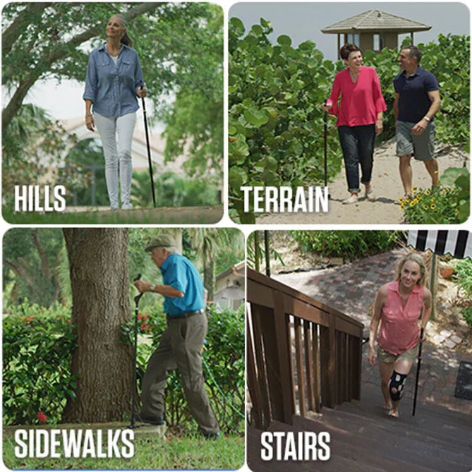 Adjustable Walking Stick with Ergonomic Grip and 360-Degree Tip, 12 Height Settings