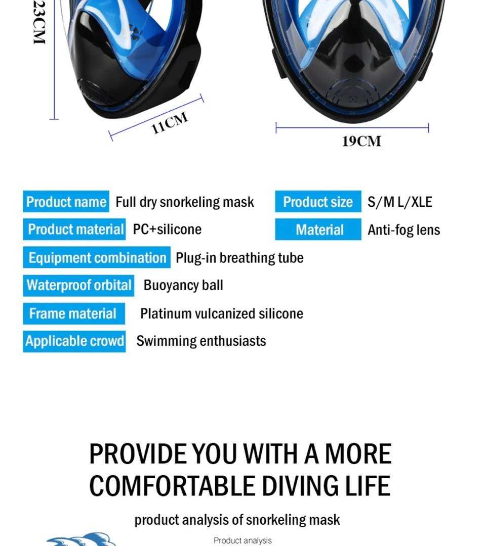 Full Face Snorkel Mask with Floating Ball Valve and Camera Mount, 180°  View