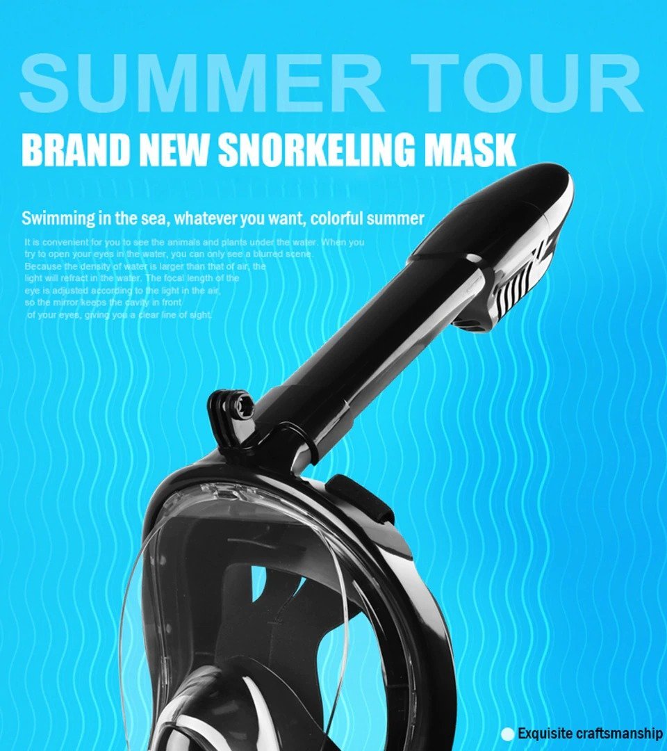 Full Face Snorkel Mask with Floating Ball Valve and Camera Mount, 180°  View